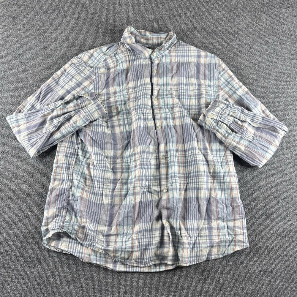 Gap Shirt Mens 2XL Blue Plaid Linen Cotton Long Sleeve Button Up Band Collar